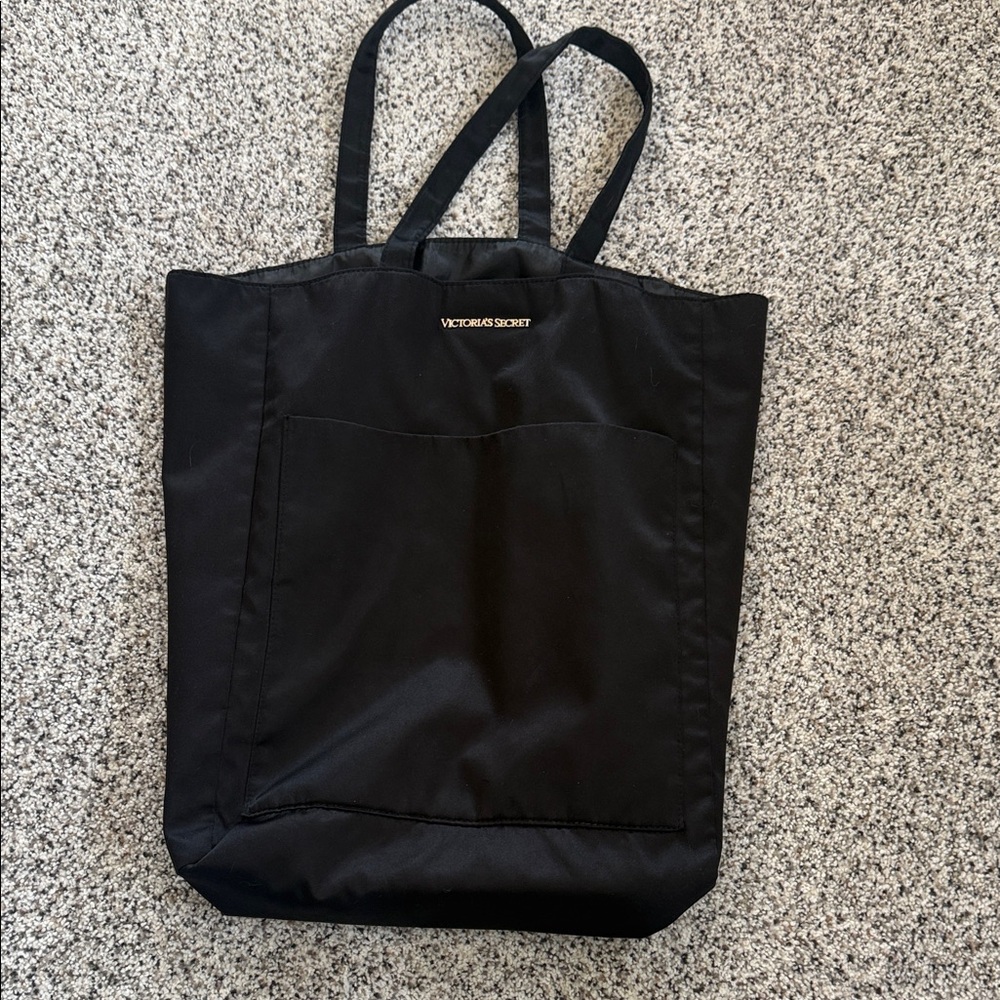Victoria's Secret Black Canvas Messenger Tote with Front Pocket